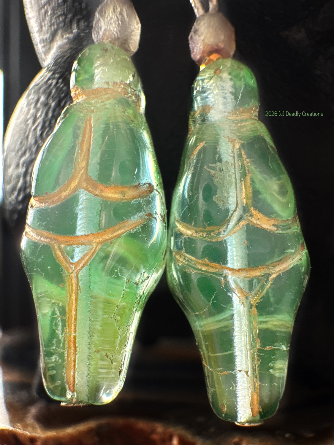 Uranium glass goddess drop earrings, detail