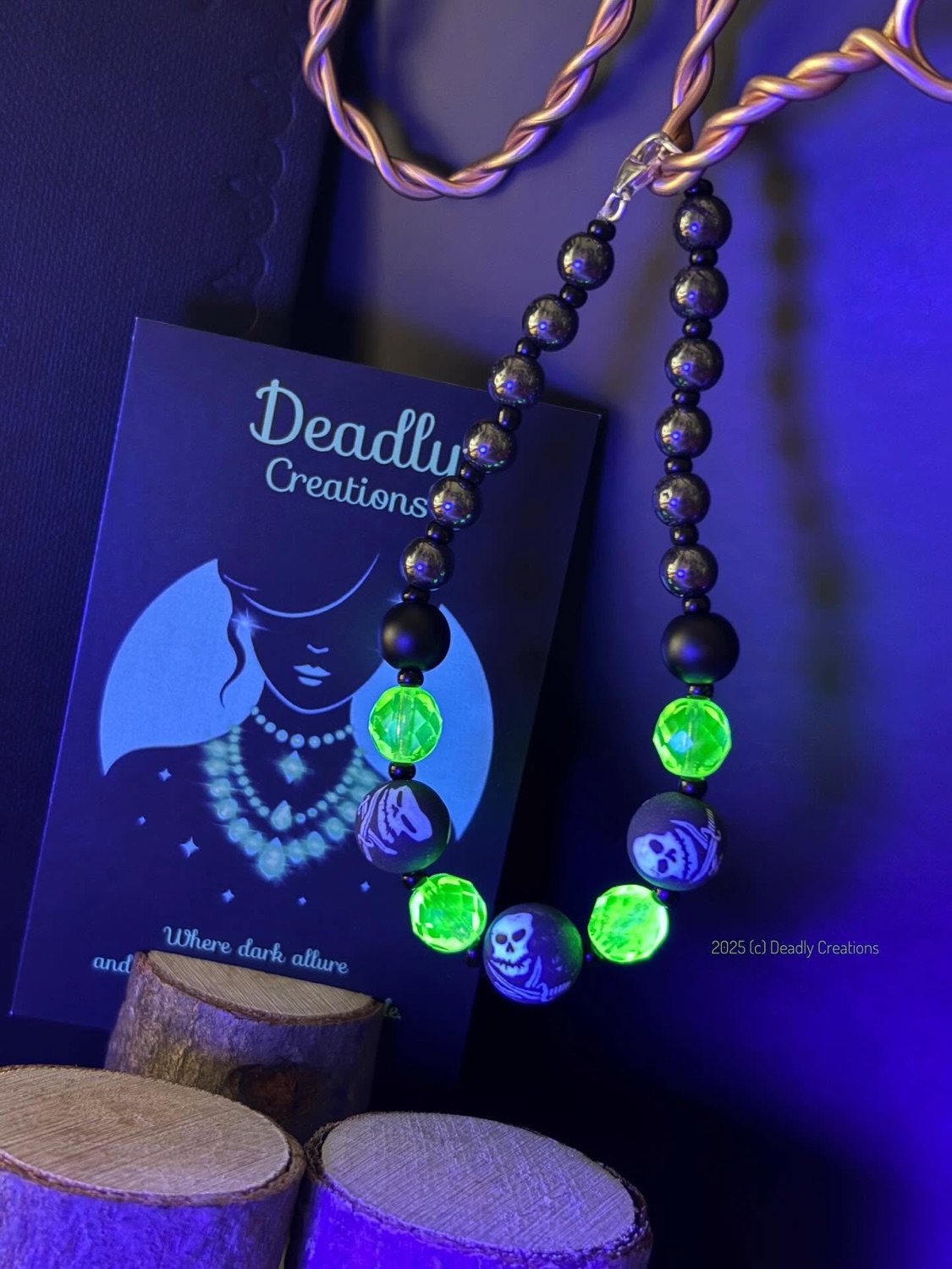 Black skull bracelet with uranium glass beads