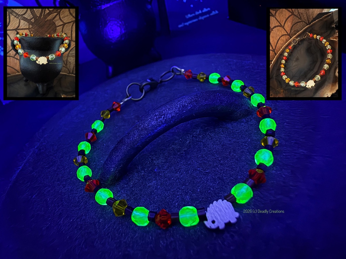 Uranium Glass & Orange Swarovski Crystal Hedgehog Bracelet