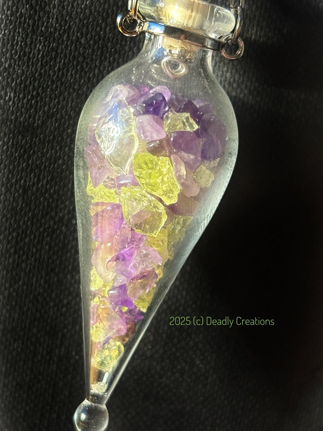 Uranium glass and amethyst teardrop locket